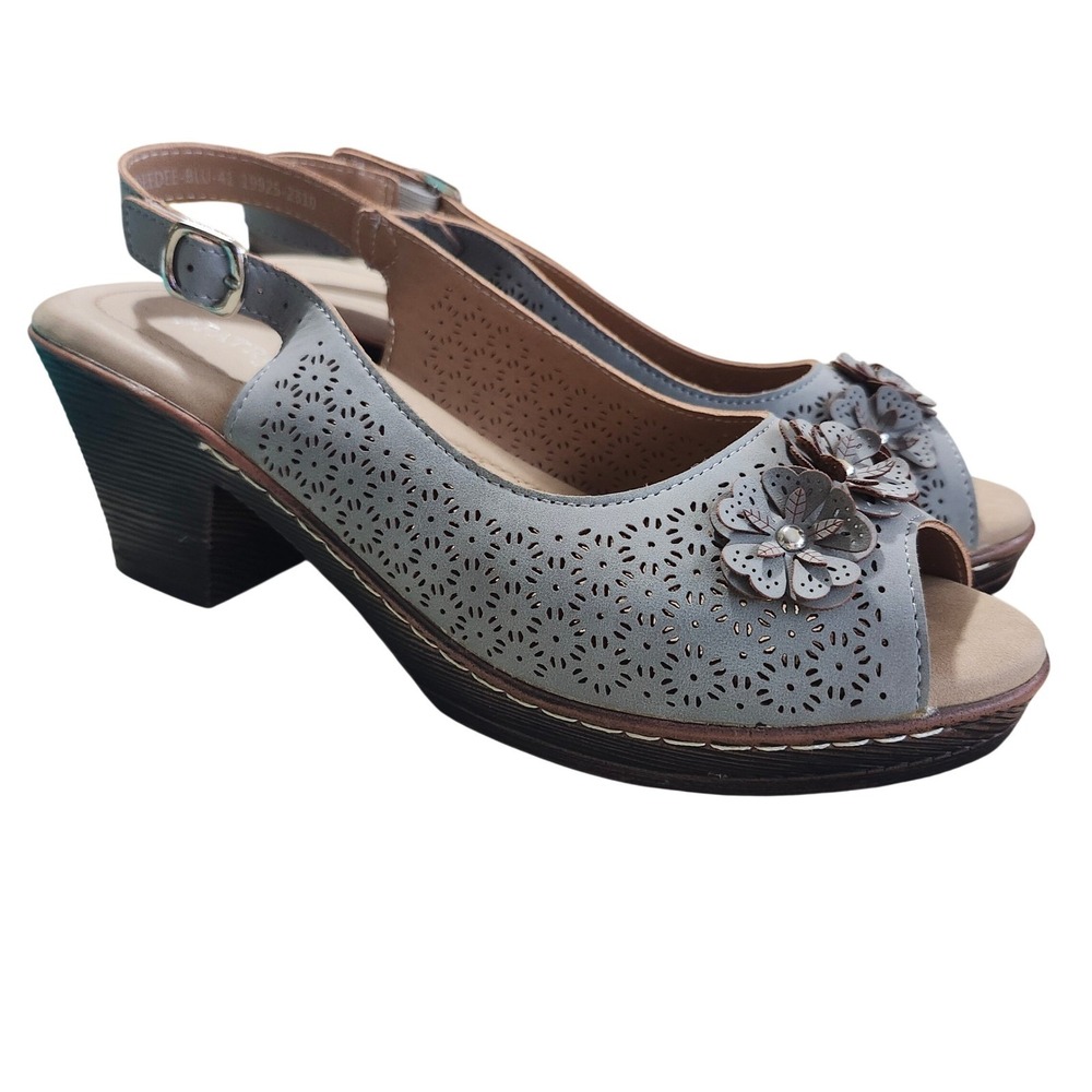 Patrizia Doriday EU 41 US 10 Slingback Sandals Blue Buckle Laser Cut Floral Boho